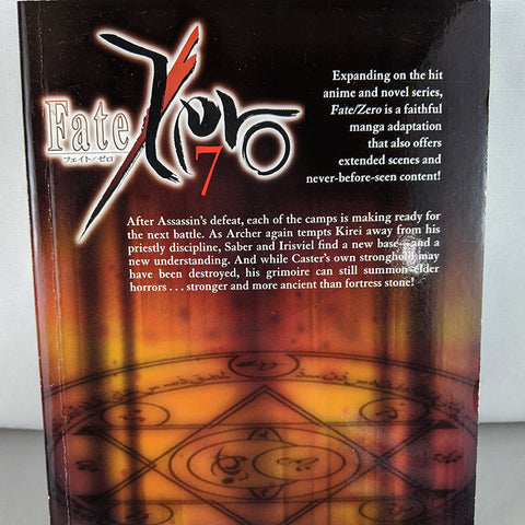 Back cover of Fate Zero Volume 7. Manga by Shinjiro and Gen Urobuchi/ Type-Moon