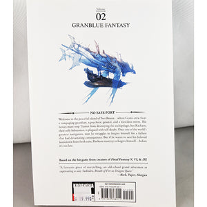 Back cover of Granblue Fantasy volume 2. Manga illustrated by Cocho, Layout by Makoto Fugetsu, Created by Cygames.