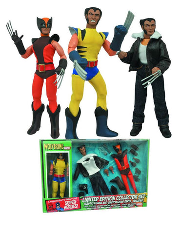 Marvel Wolverine 8-Inch Retro Action Figure with 3 interchangeable suits: red/orange suit, classic yellow suit, Logan wearing his leather jacket with a wool collar and jeans. Comes with 2 interchangeable heads and interchangeable accessories. Numbered Limited Edition collector set. 