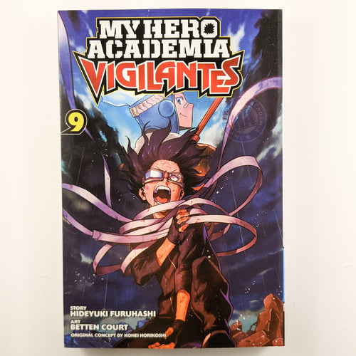 My Hero Academia Vigilantes Volume 9. Also known as Boku no Hiiro Akademia Vigilantes. Manga by Hideyuki Furuhashi and Betten Court. Original Concept by Kohei Horikoshi.