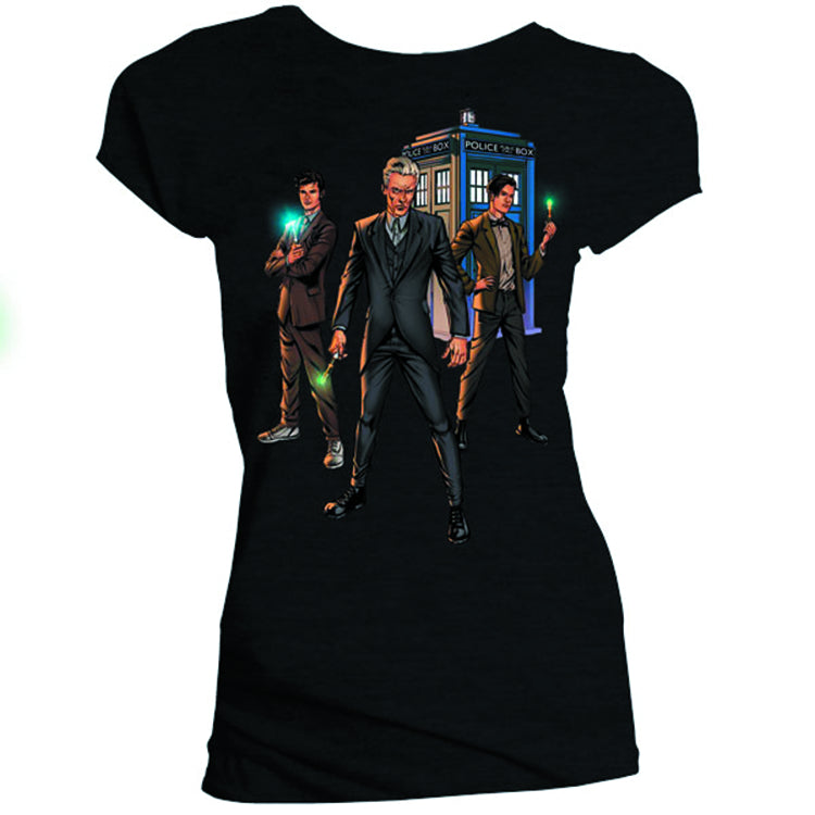 Doctor Who 3 Doctors DW Day PX Women’s Black T-Shirt Medium
