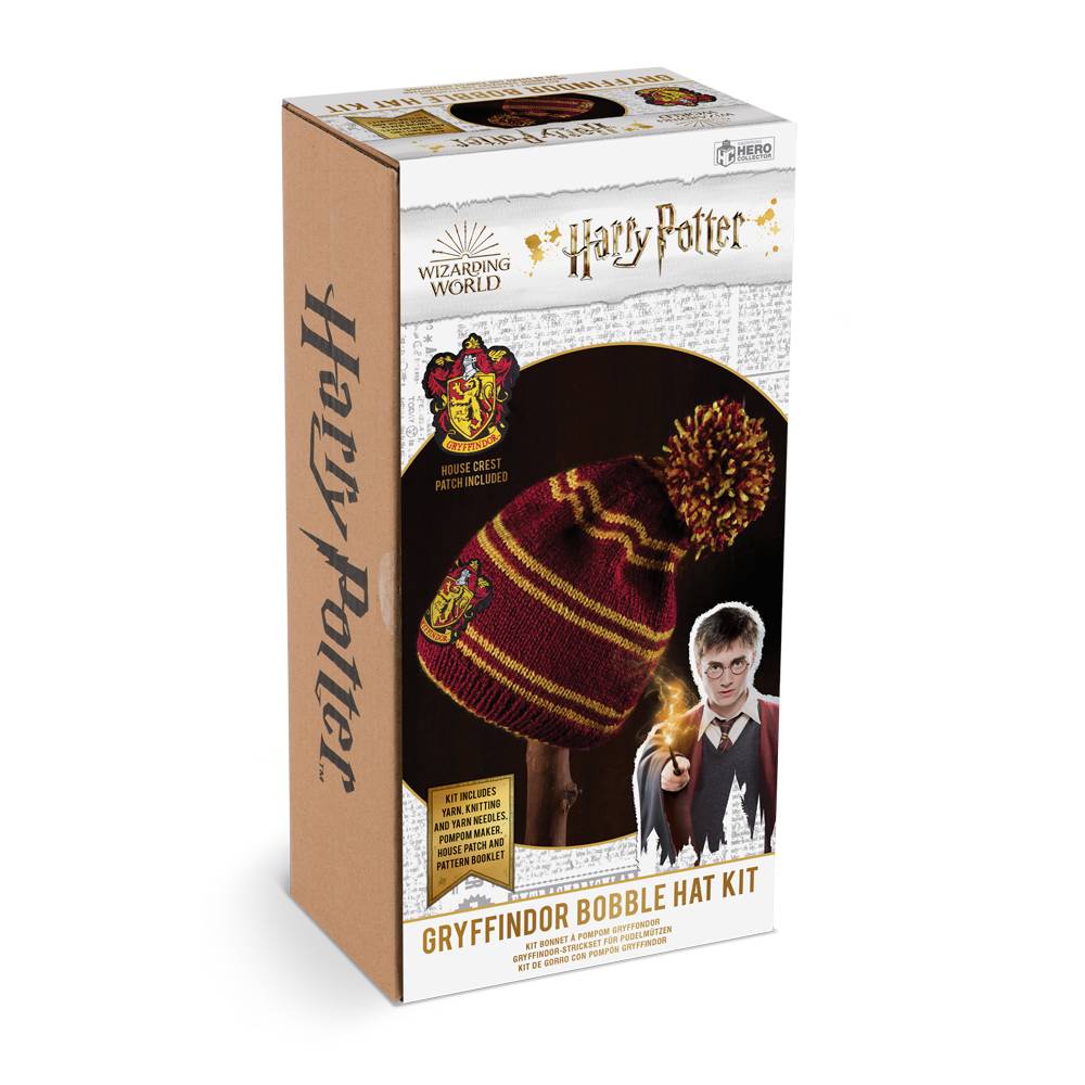 Harry Potter Gryffindor House Bobble Hat Knitting Kit includes acrylic yarn bundles, a pair of 3.5mm knitting needles, yarn needle, House Crest Patch, Popom maker and step-by-step pattern instructions