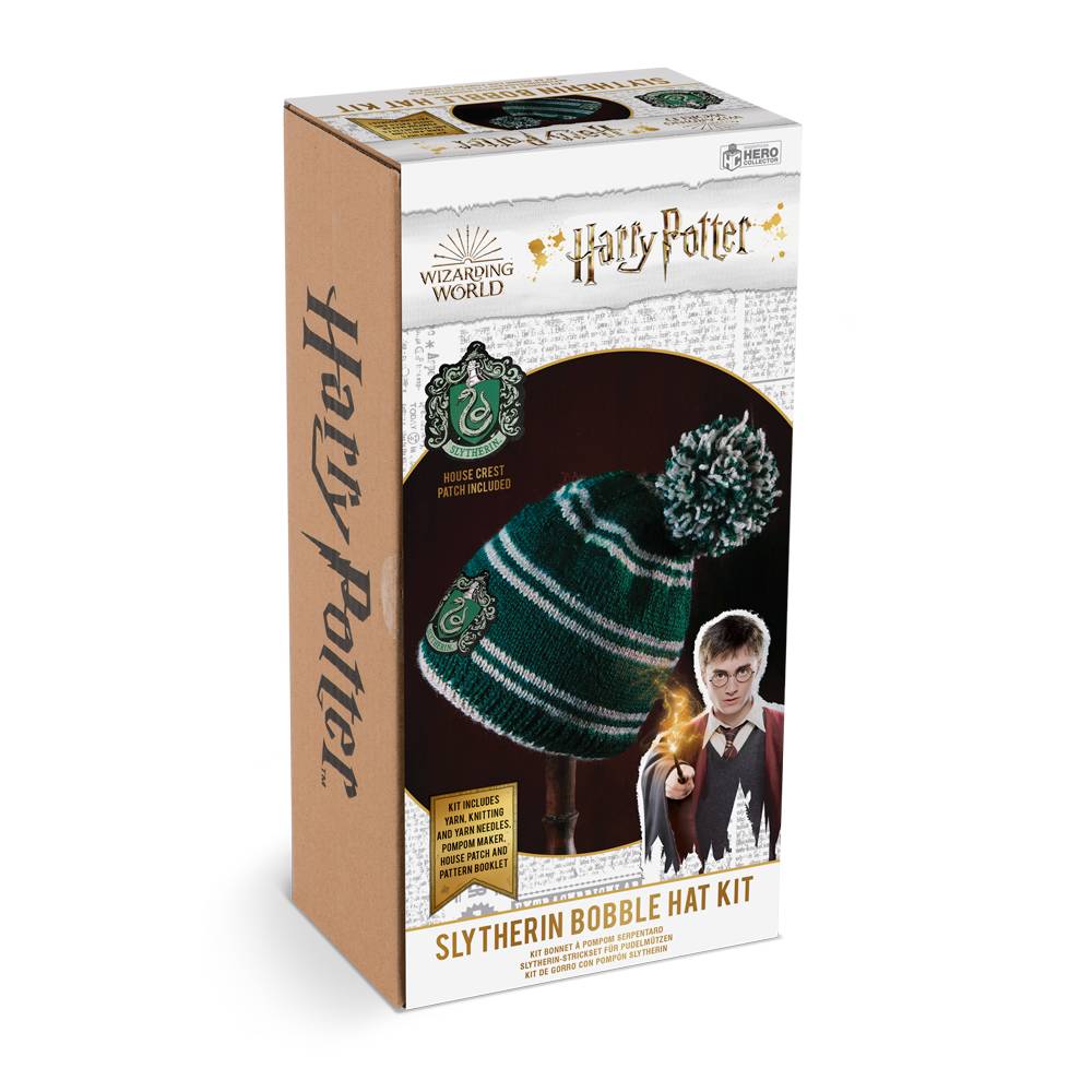 Harry Potter Slytherin House Bobble Hat Knitting Kit with yarn, knitting needles, house patch crest, pompom maker and pattern booklet instruction