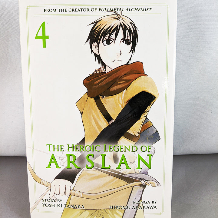 Front cover of The Heroic Legend of Arslan Volume 4. Manga by Hiromu Arakawa and Yoshiki Tanaka. 